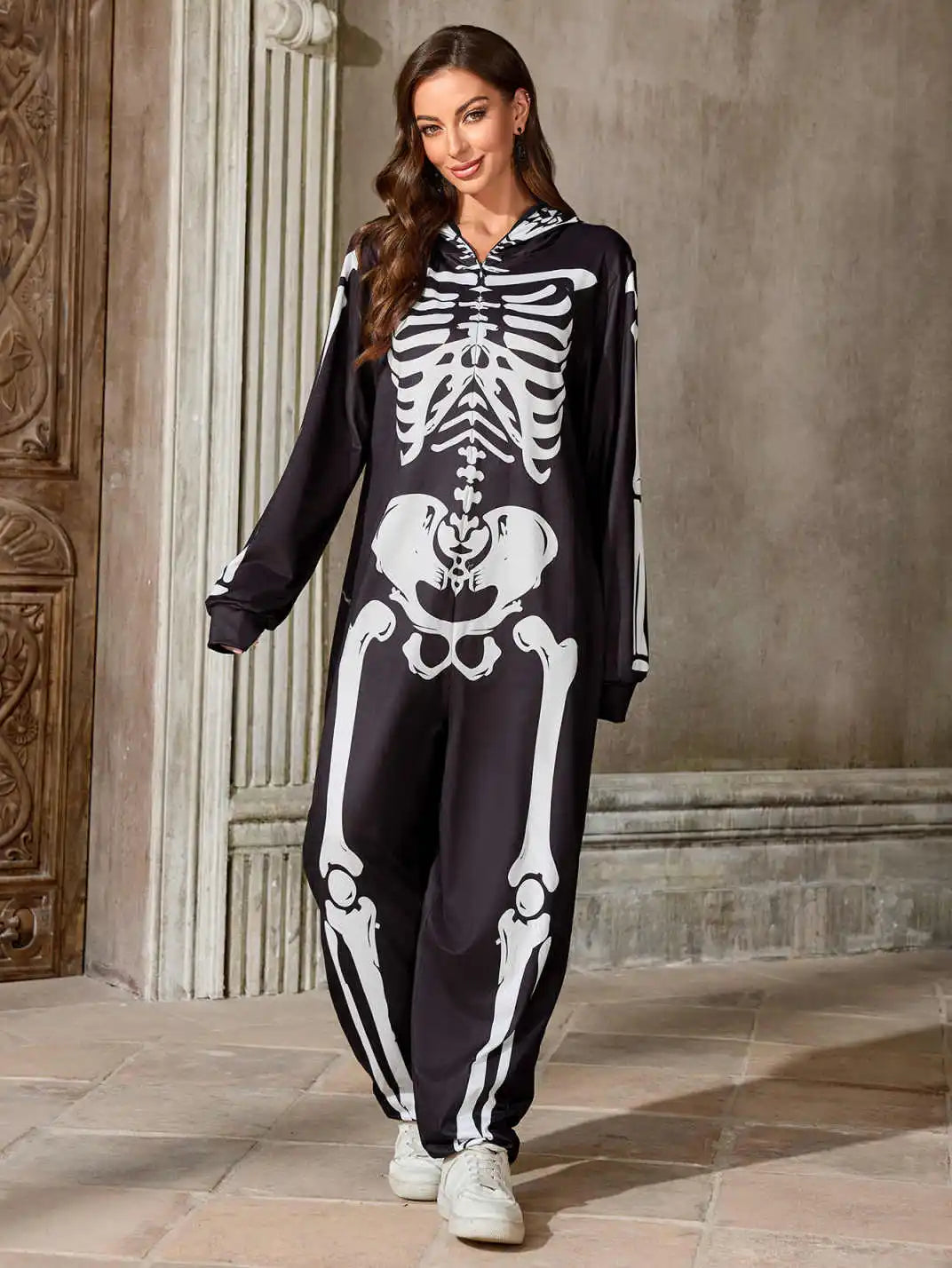 Adult Skeleton Onesie Costume, Black and White, Hooded Halloween Jumpsuit, Women Skull Bodysuits