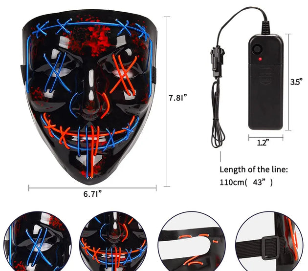 Halloween V-Shaped Glowing Mask - Harmless Material, Easy to Use, Multi-Festival, 3 Lighting Modes, Red & Blue