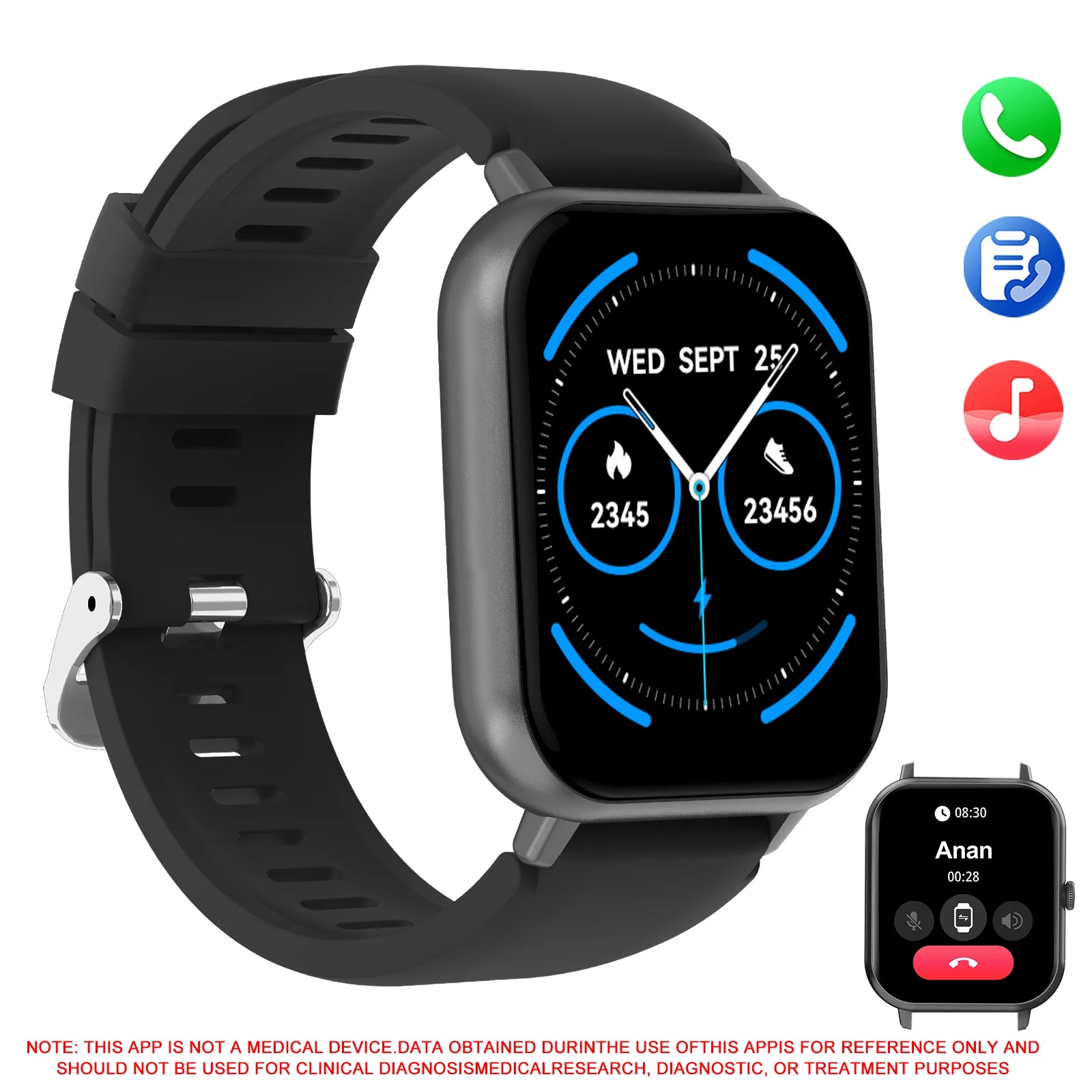 Smart watch with wireless calling/dialing, multiple sports modes, call reminder and rejection, For iPhone/Android