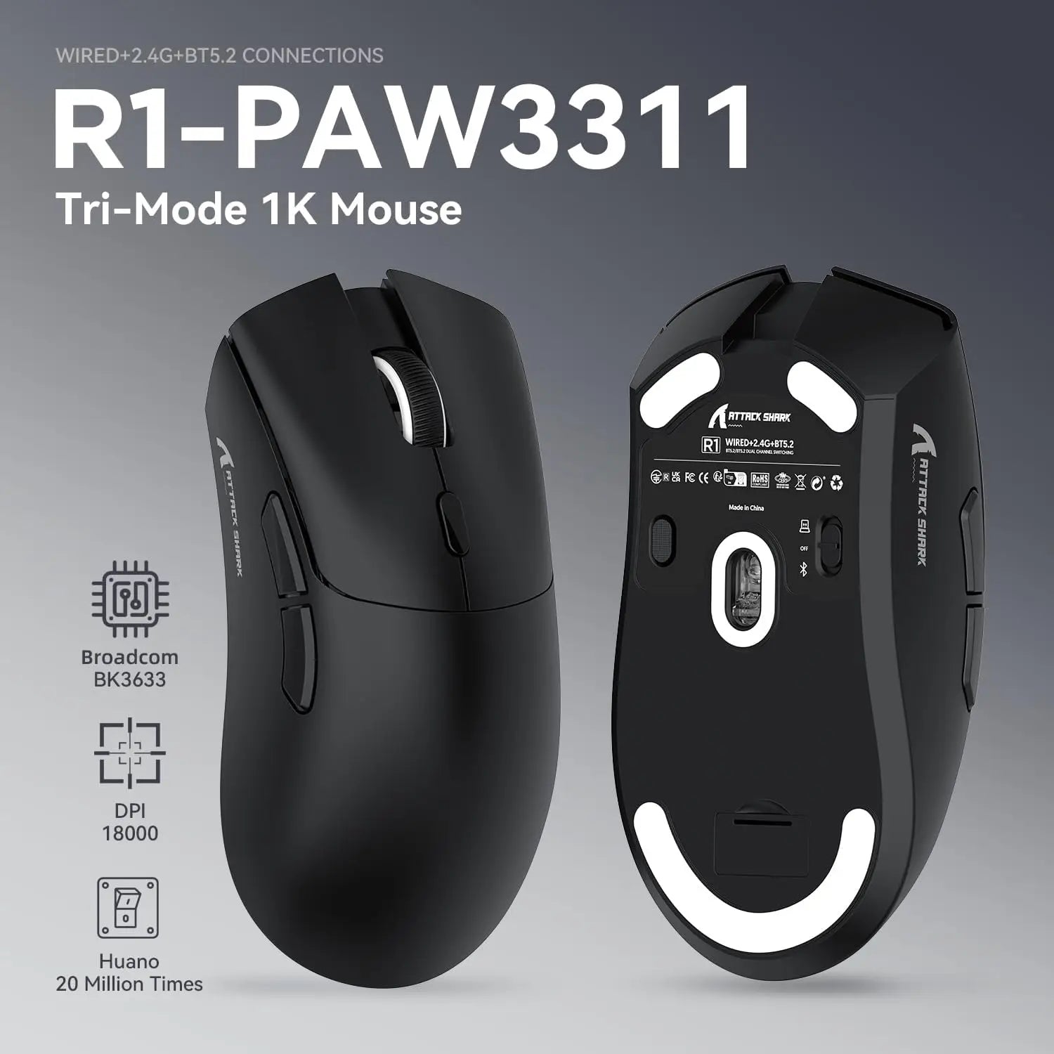 MAMBASNAKE x ATTACK SHARK R1 59g SUPERLIGHT Mouse, PixArt PAW3311 Gaming Sensor, BT/2.4G Wireless/Wired Gaming Mouse