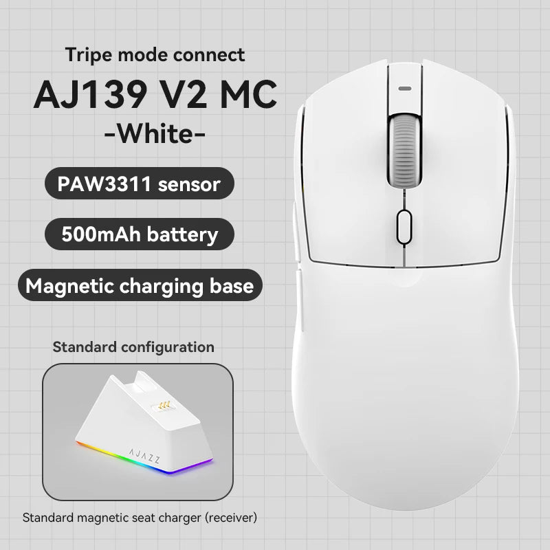 AJAZZ AJ139 V2 Wireless Mouse Three-Mode Gaming Office Professional Right Hand Gaming Magnetic Stand Charger PAW3395