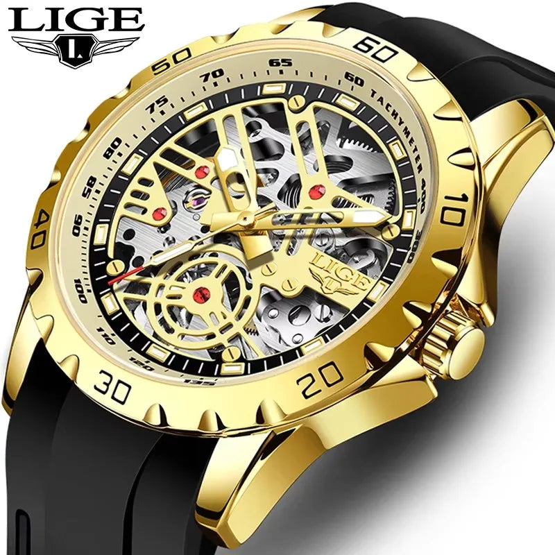 2025 New LIGE Top Brand Luxury Hollow Waterproof Tourbillon Mechanical Automatic Watch Men Silicone Skeleton Mens Watches + Box