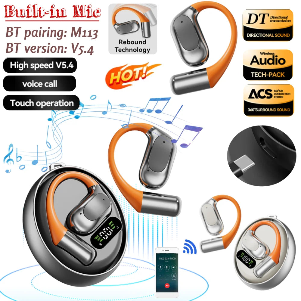 Wireless Earbuds with Earhooks Built-in Mic BT 5.4 M113 Waterproof Headphones Ear Buds for Sports Running Workout Gym