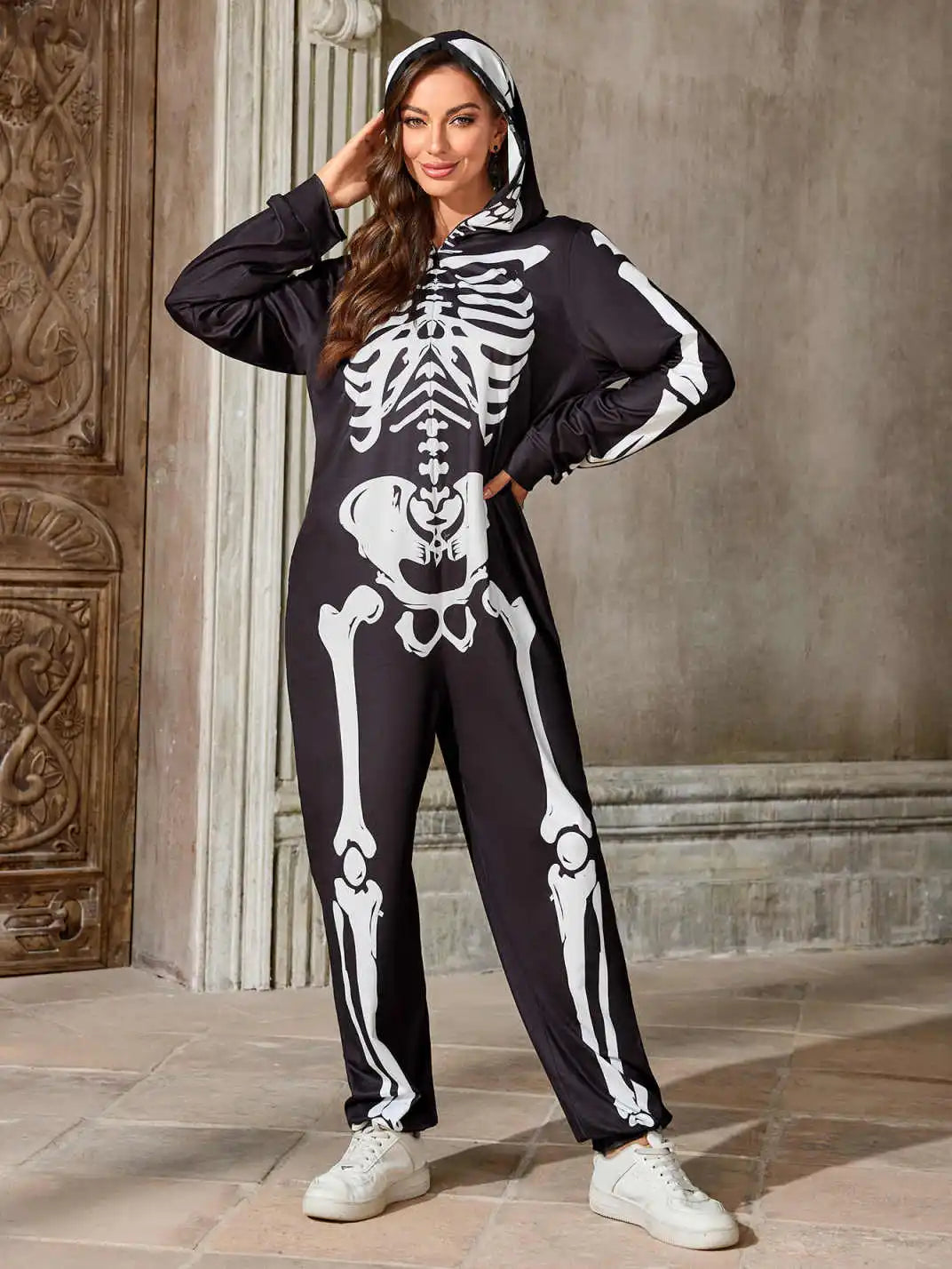 Adult Skeleton Onesie Costume, Black and White, Hooded Halloween Jumpsuit, Women Skull Bodysuits
