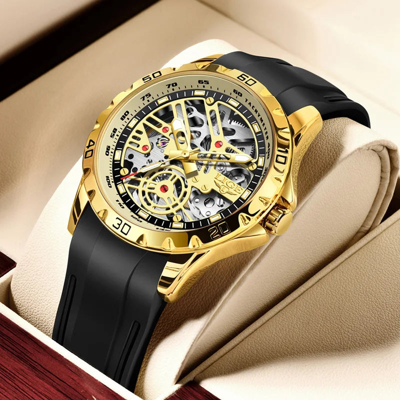 LIGE Luxury Men Watches Automatic Mechanical Wristwatch Skeleton Design Waterproof Silicone Strap Male Watch Reloj Hombre+Box