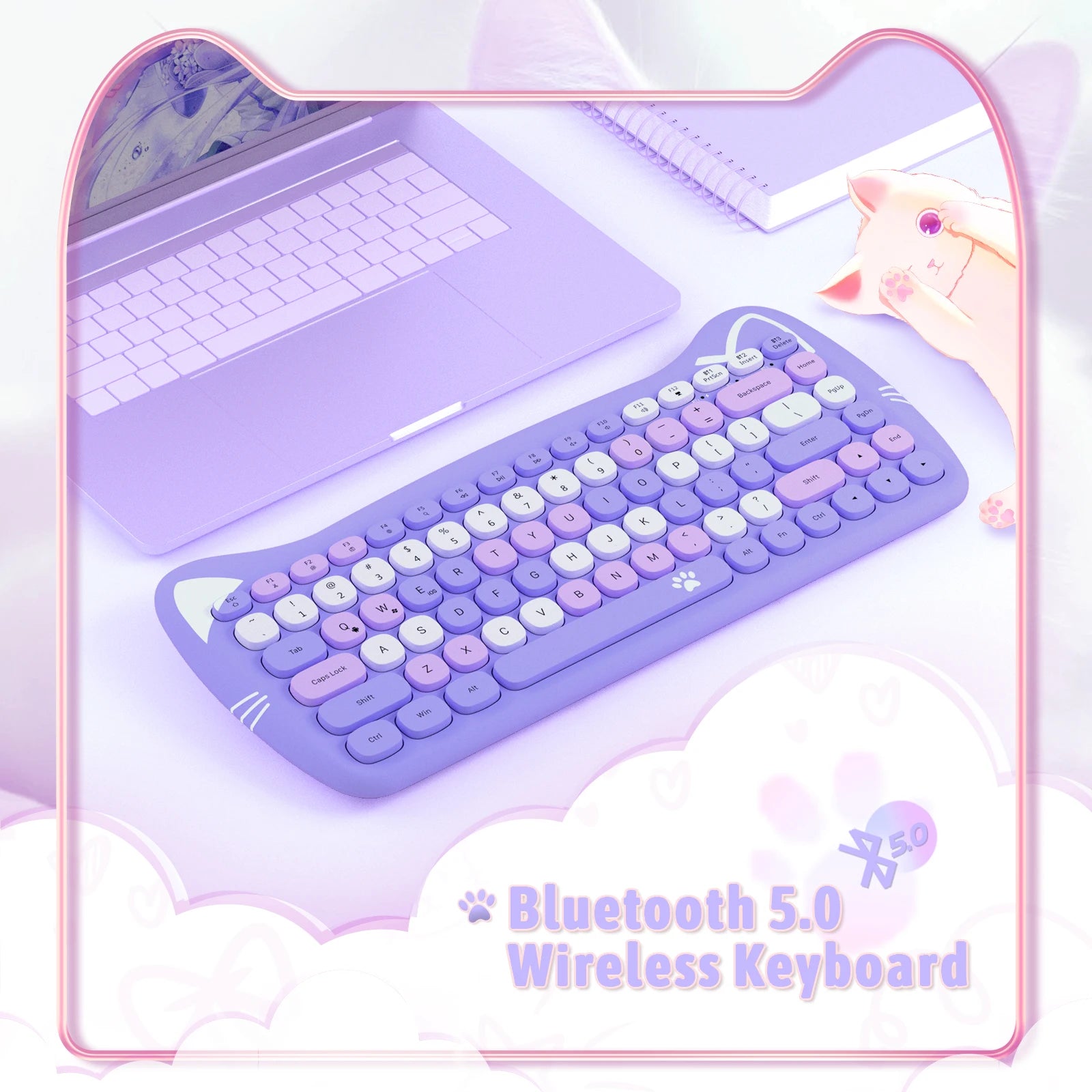 3060i 84-Key Cute Bluetooth Keyboard, Portable Thin Wireless Keyboard with Colorful Round Keycap/Kawaii Cat Ears Design