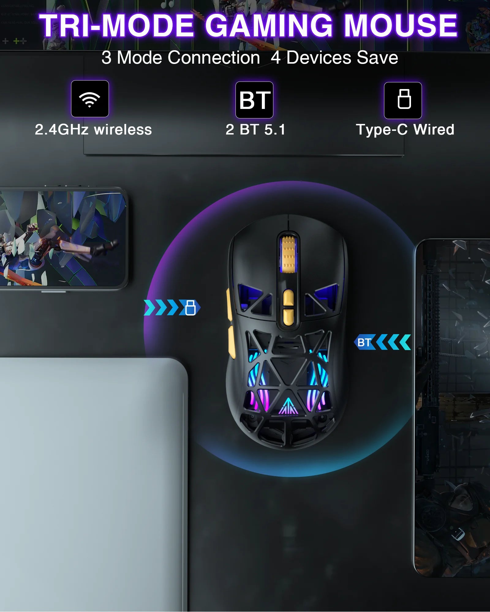 SOLAKAK SM802 Tri-modes Gaming Mouse Replaceable Shell Macros, 6-adjustable DPI, 600mah, RGB, lightweight