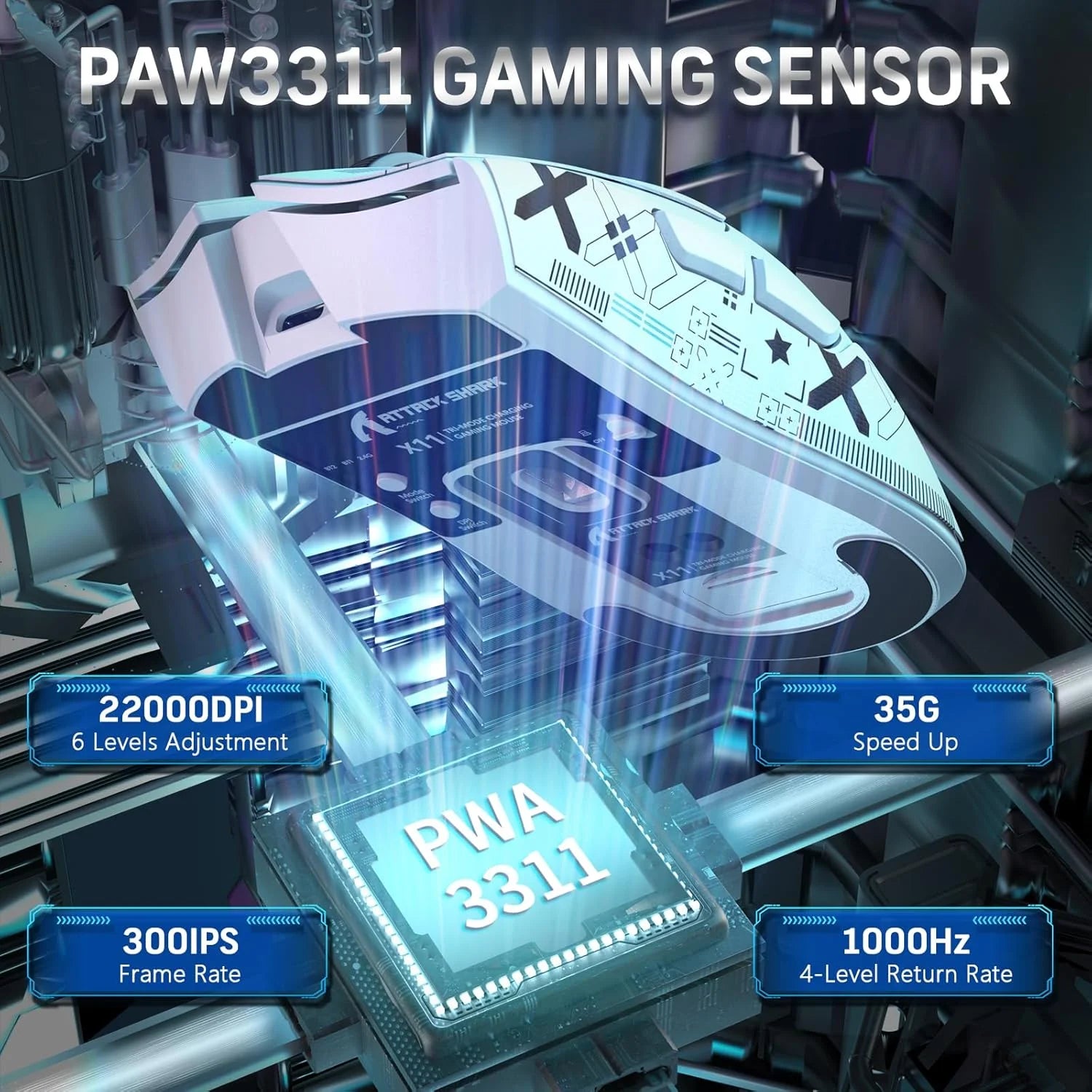 ATTACK SHARK X11 Wireless Gaming Mouse with RGB Magnetic Charging Dock, Wired/2.4G/BT, 22K DPI,Ultralight 59g Tri-Mode with Tape