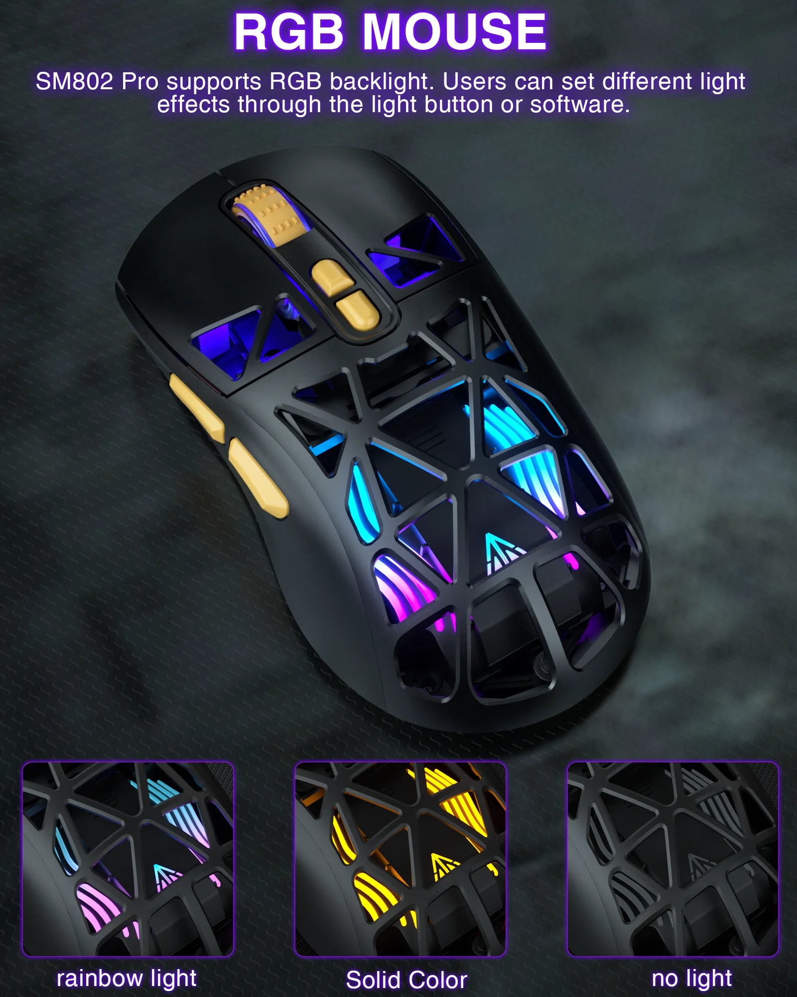 SOLAKAK SM802 Tri-modes Gaming Mouse Replaceable Shell Macros, 6-adjustable DPI, 600mah, RGB, lightweight
