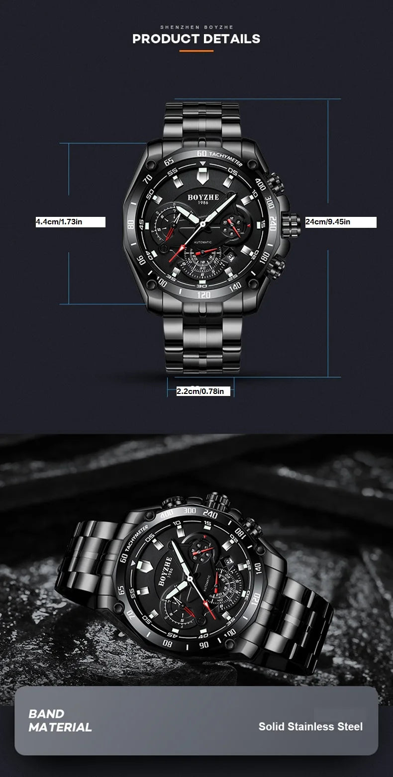 BOYZHE men's watches: Fully automatic mechanical watches, multi-functional men's watches, transparent case back men's mechanical