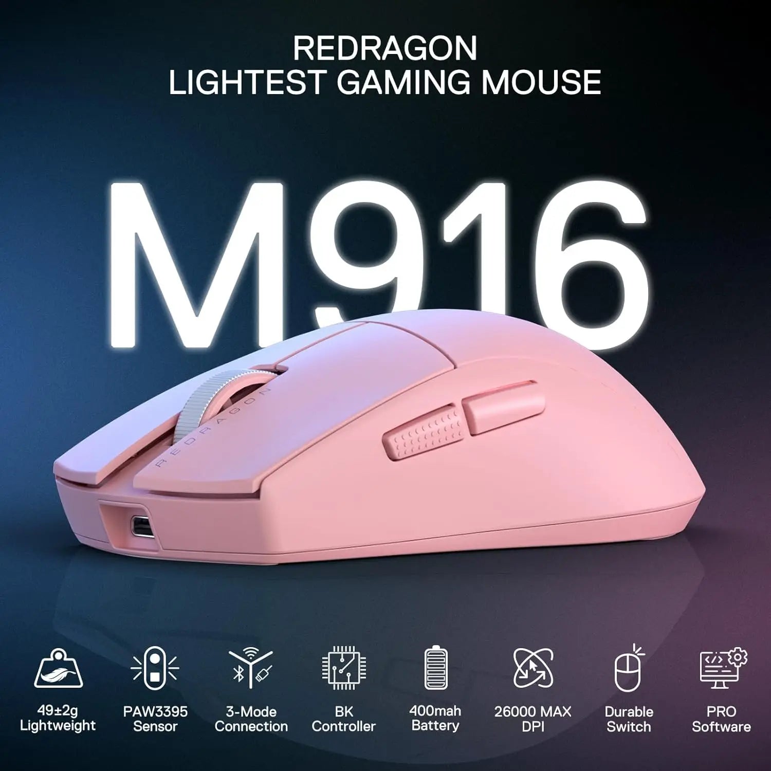 Redragon M916 PRO 3-Mode Wireless Gaming Mouse, 49G Ultra-Light 26K DPI Gamer Mouse