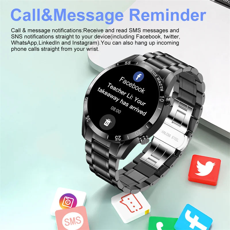 LIGE Stainless Steel Smart Watch Wrist Watch Mature Men Luxury Men Sport Fitness Bluetooth Call Mature Men's Smartwatch Outdoors