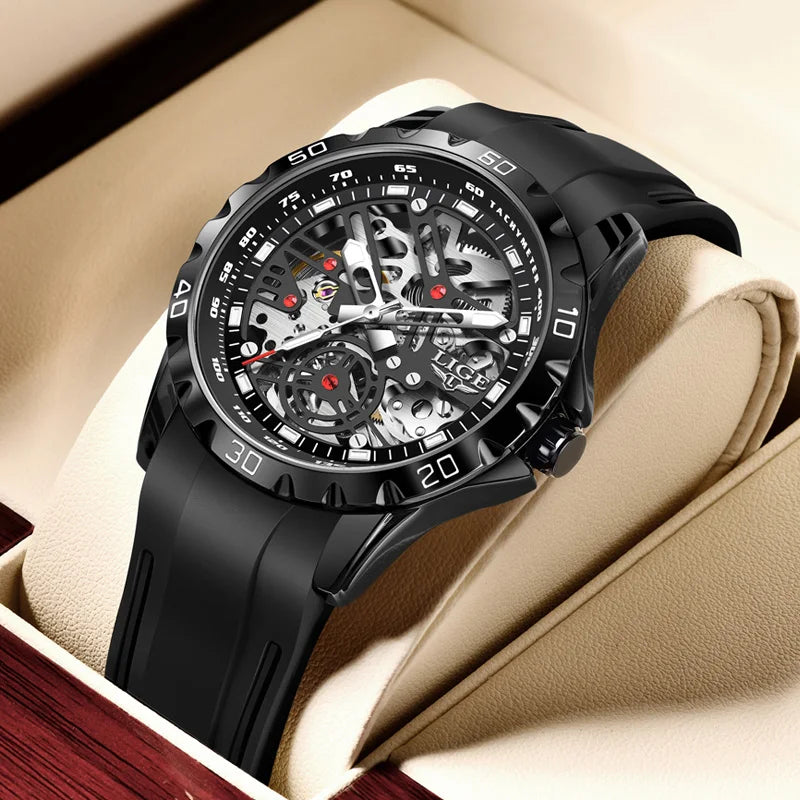 LIGE Luxury Men Watches Automatic Mechanical Wristwatch Skeleton Design Waterproof Silicone Strap Male Watch Reloj Hombre+Box