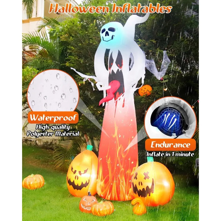 Halloween Inflatable Ghost Outdoor Decorations: 8 FT Scary Ghost with Pumpkin and 3D Tongue Halloween Decor with Buildin LEDs f