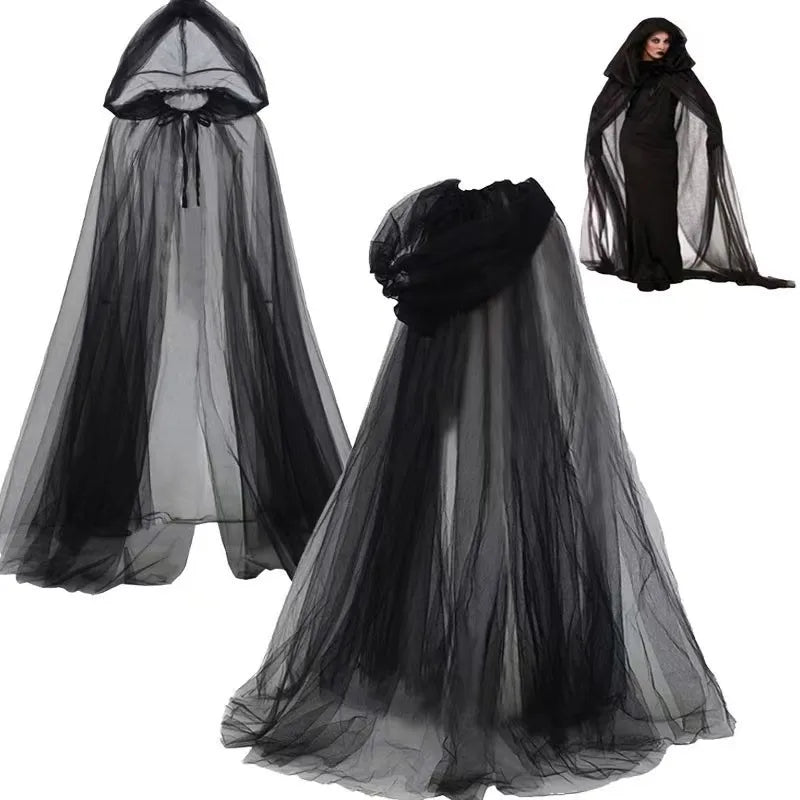 Halloween Hooded Cloak Long Mesh Cape Dark Gothic Costume Witch Robe Unisex Cosplay Outfit