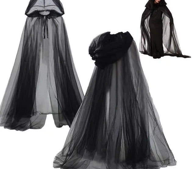 Halloween Hooded Cloak Long Mesh Cape Dark Gothic Costume Witch Robe Unisex Cosplay Outfit