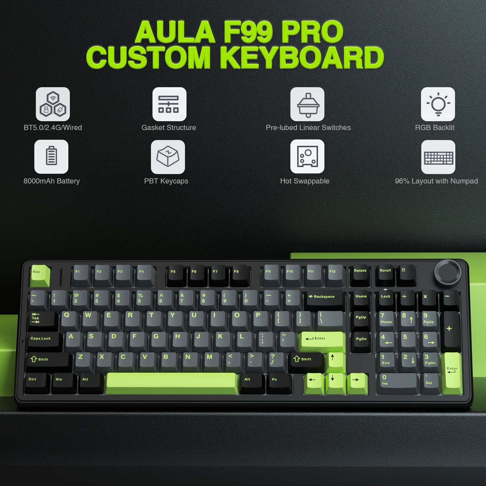 AULA F99pro Wireless Gaming Keyboard Gasket Structure Compatible with 3/5 Pins Hot-swap Mechanical Keyboard with Media Knob