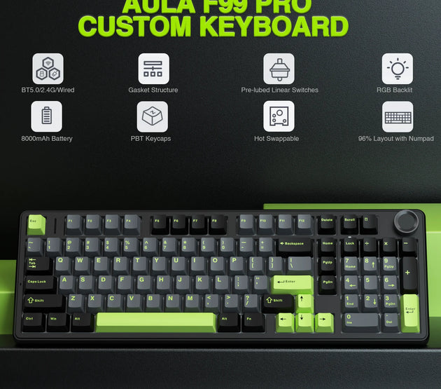 AULA F99pro Wireless Gaming Keyboard Gasket Structure Compatible with 3/5 Pins Hot-swap Mechanical Keyboard with Media Knob