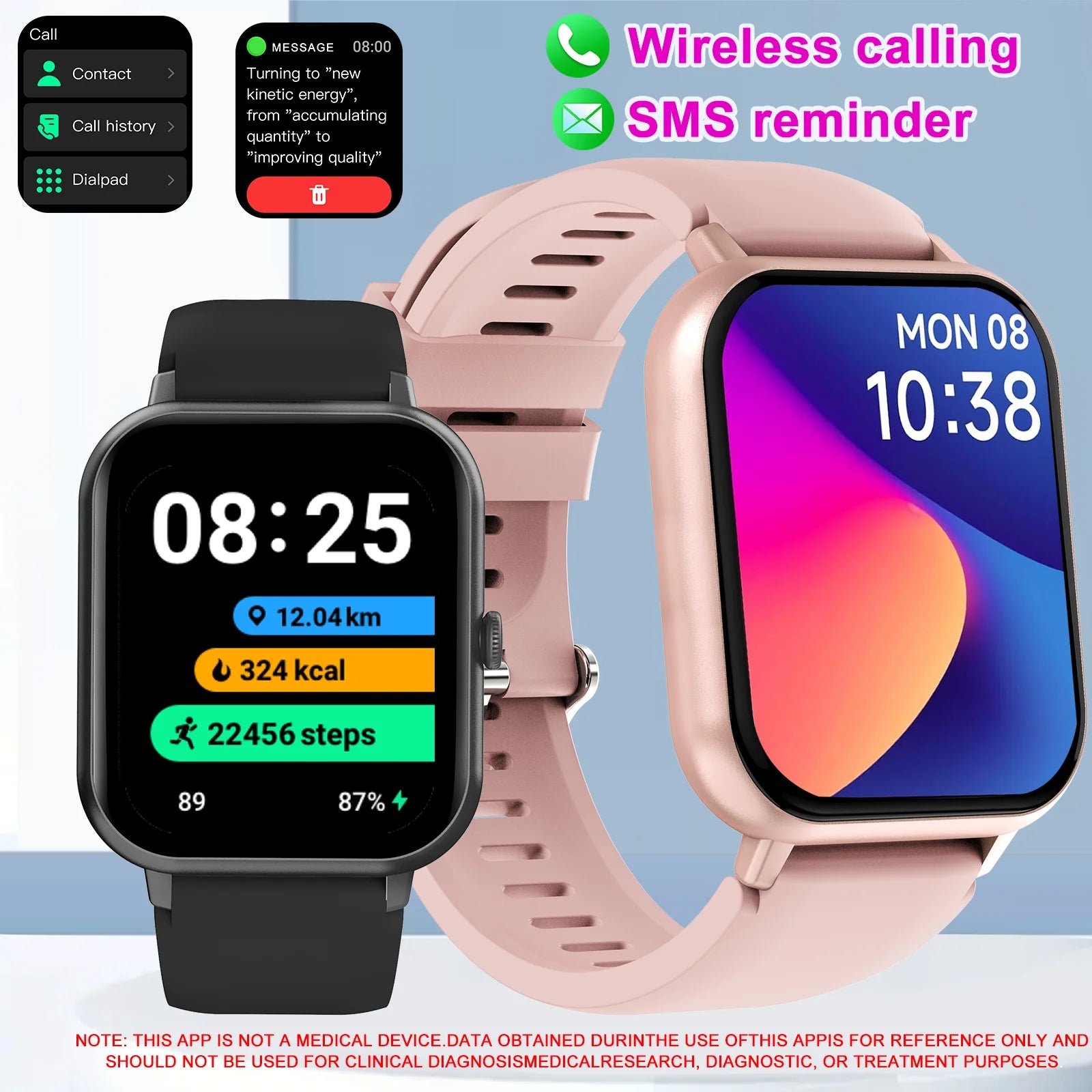 Smart watch with wireless calling/dialing, multiple sports modes, call reminder and rejection, For iPhone/Android