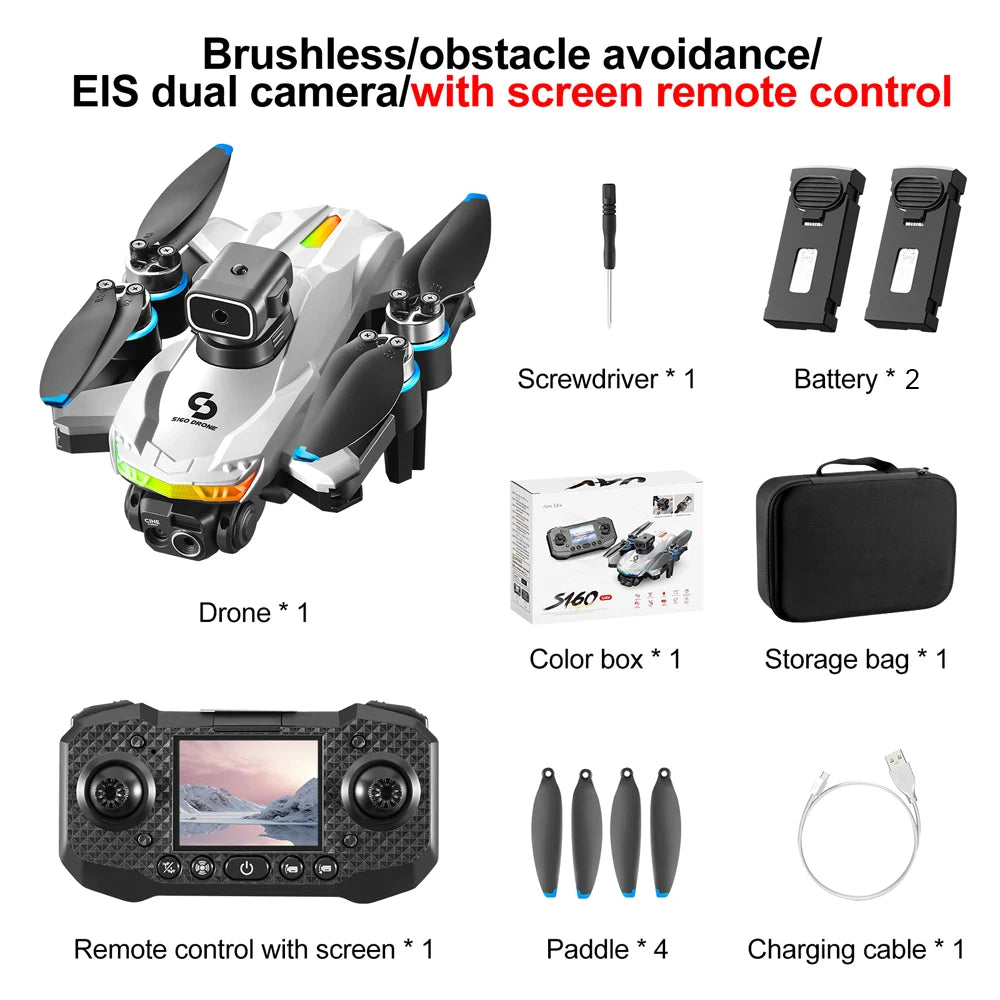 S160 Color LED Drone Professional 4K HD EIS Dual Camera with Screen Quadcopter Optical Flow Brushless Drone Toy