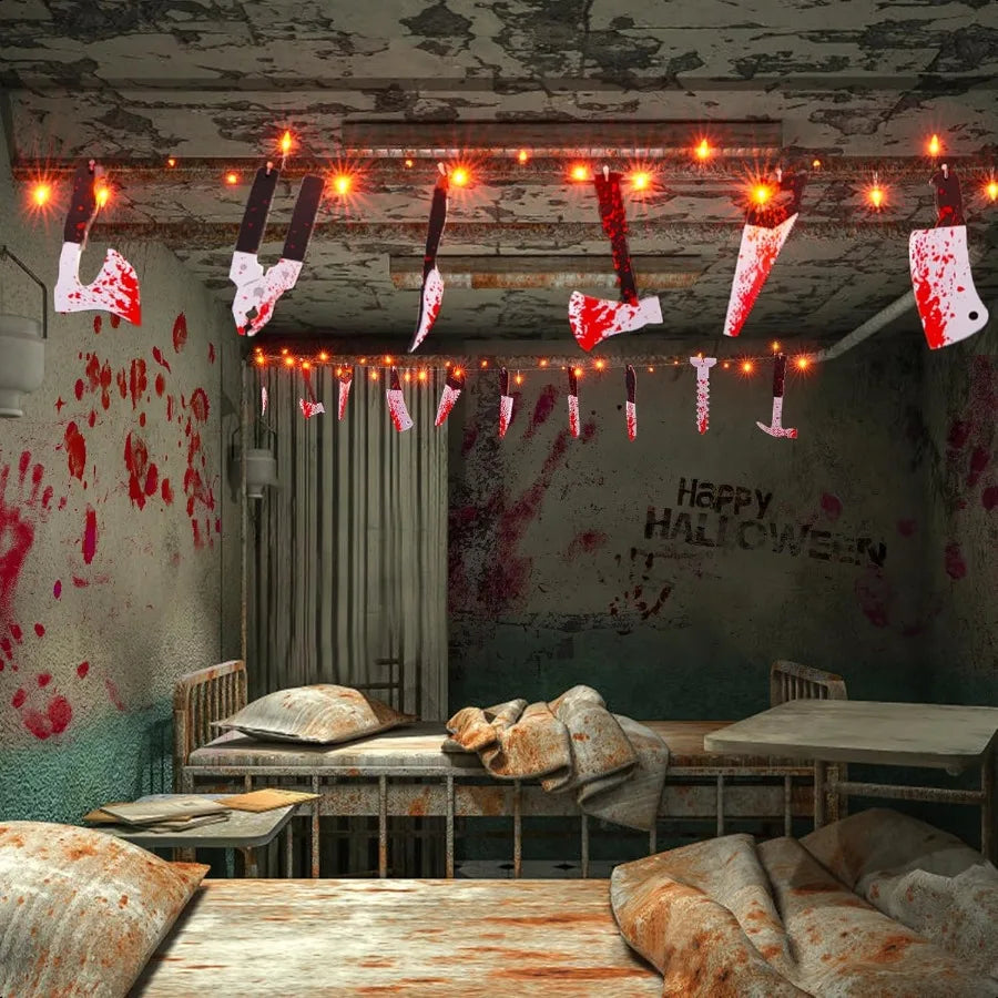 Scary Halloween Decorations Props 12 FT Halloween String Lights with 16 Fake Bloody Knives 50 LED Orange Big Bulbs 8 Modes Batt
