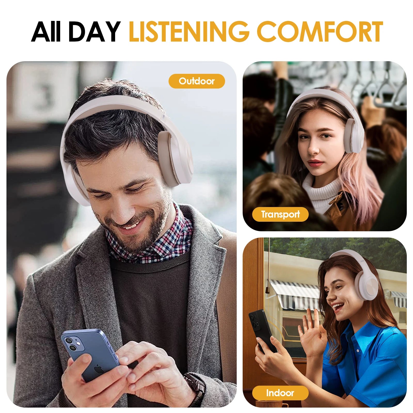 Siindoo JH-923 Wireless Headphones Over Ear,Foldable Bluetooth Headsets,3EQ Sound Modes, Hi-Res Audio with Mic Deep Bass Khaki