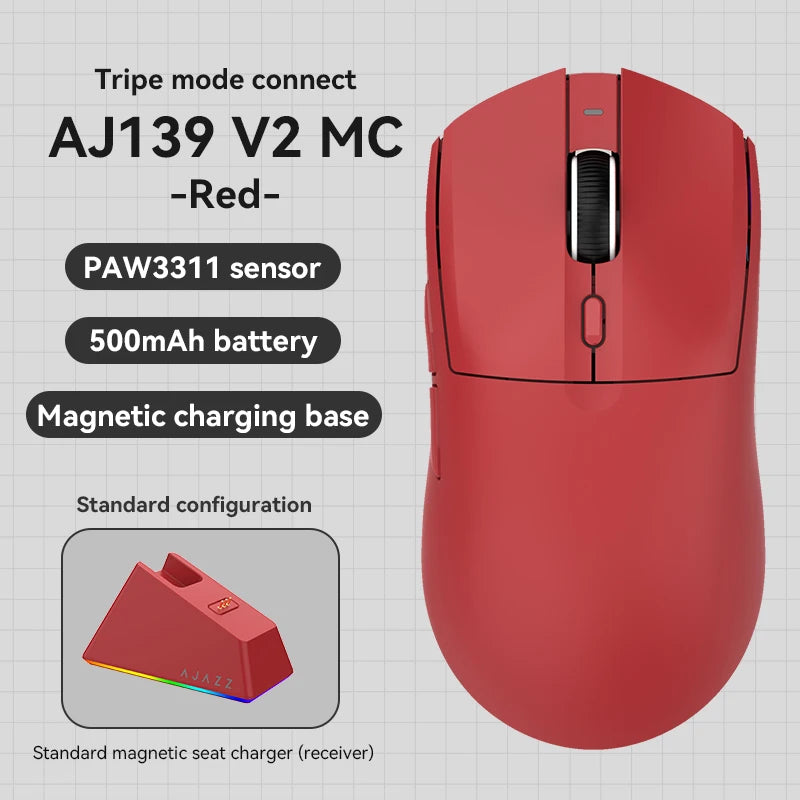 AJAZZ AJ139 V2 Wireless Mouse Three-Mode Gaming Office Professional Right Hand Gaming Magnetic Stand Charger PAW3395