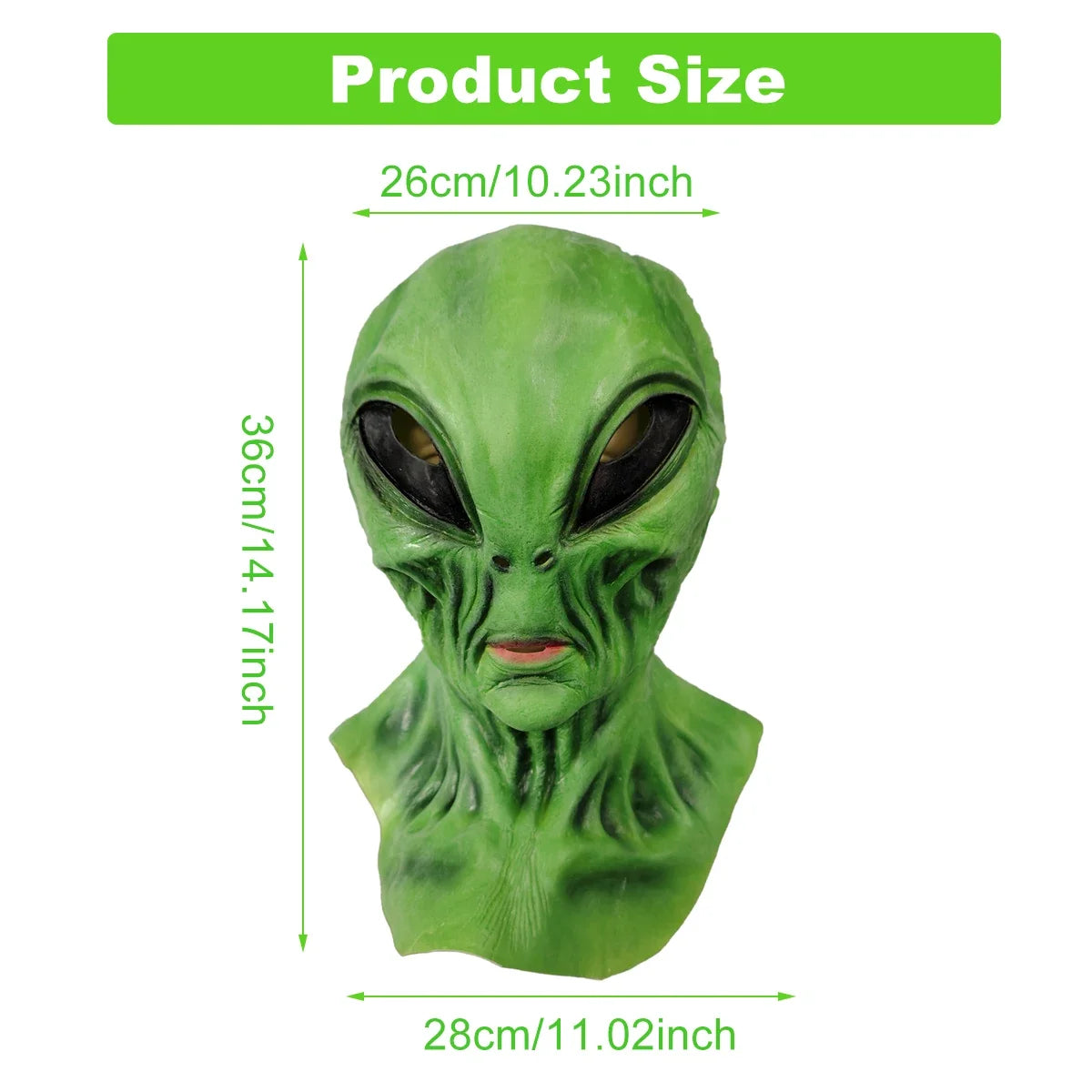 Green alien latex mask, Halloween party role play, scary and creative alien headgear, escape room haunted house COSPLAY props